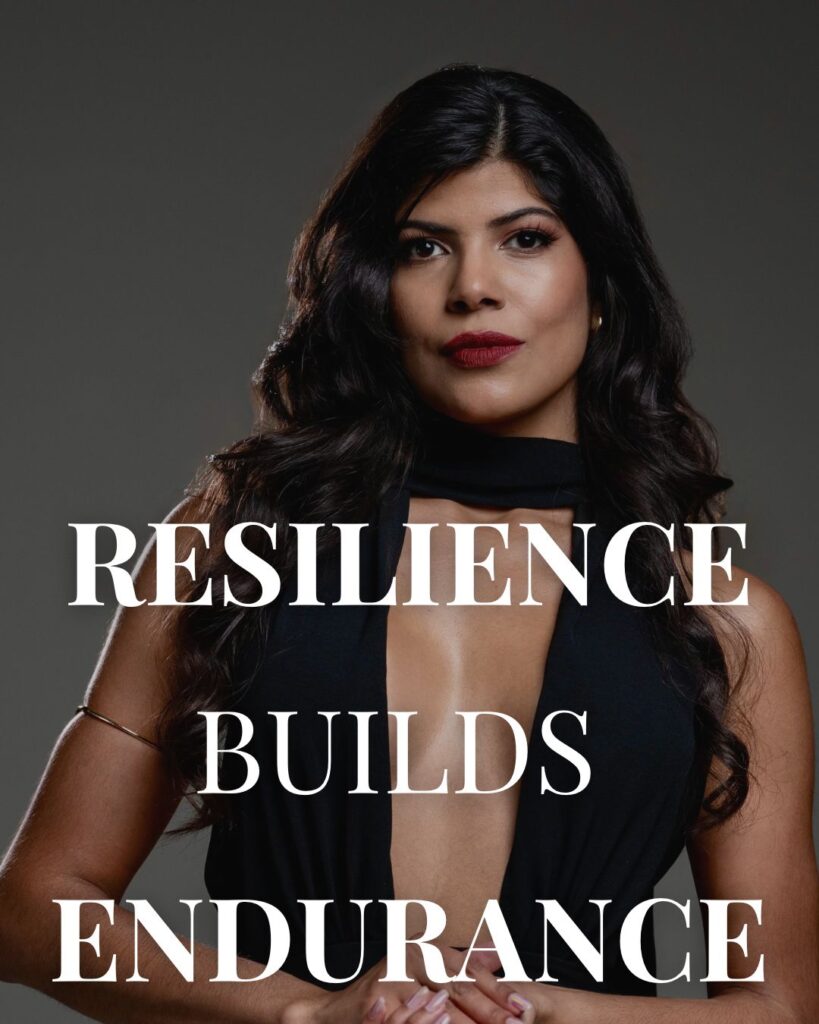 Power pose in a woman with letters resilience builds endurance