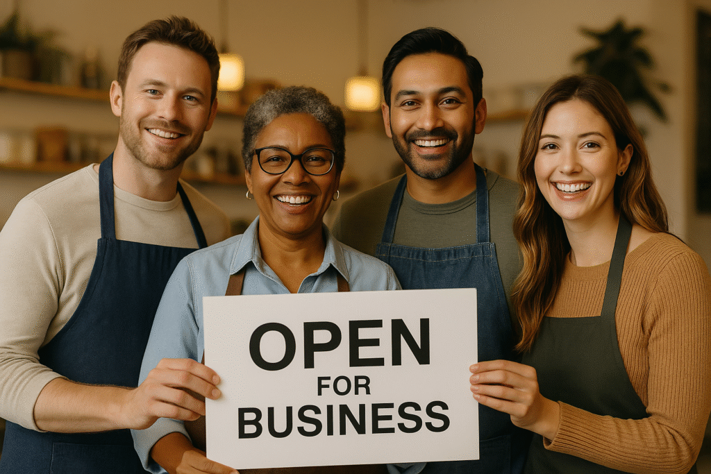 4 small business owners holding a sighn that says open for business. They're form different ethnicities and they're excited and smiling