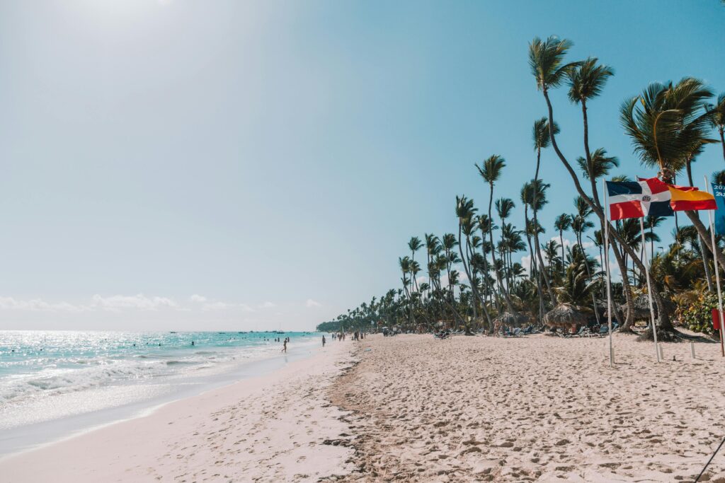 Beautiful beach scene in Punta Cana, Dominican Republic, with clear skies and palm trees waving in the breeze.
